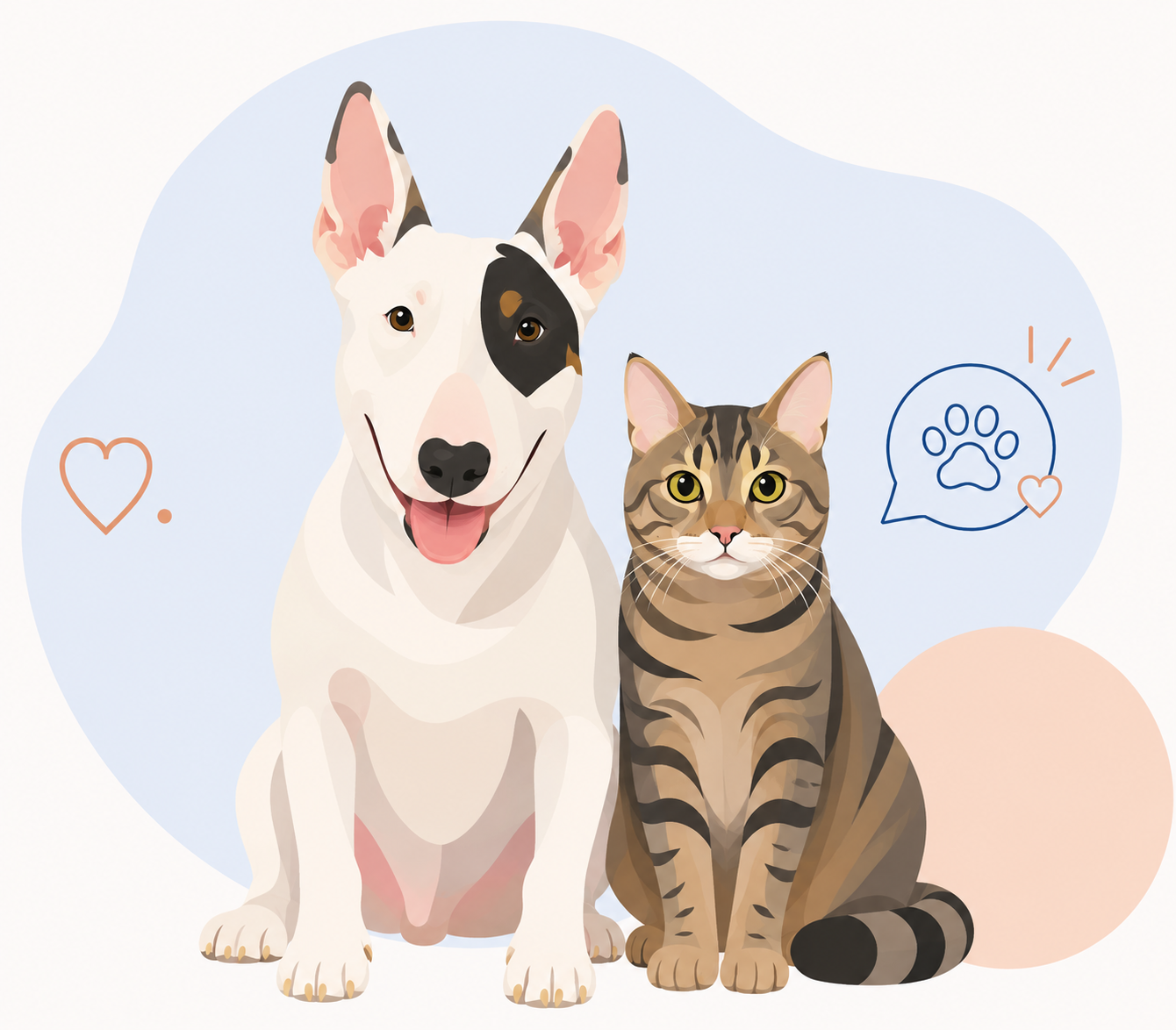 Ilustración de bull terrier y gato atigrado de Dr. Fauna
